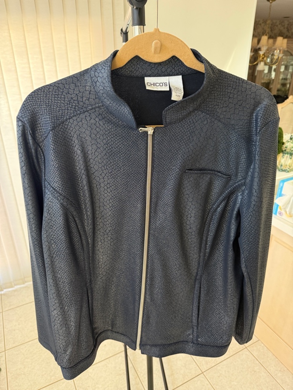 Chico's Navy Textured Zip Jacket